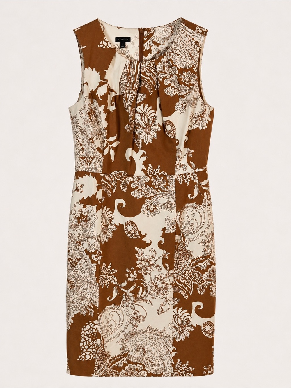 Talbots Brown & Cream Paisley Sheath Dress with Pleat Neck